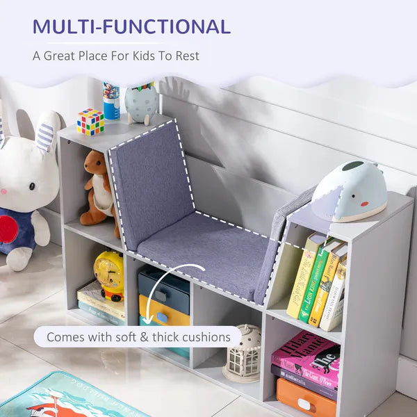 6-Cube Kids Bookcase with Reading Nook, Toddler Storage Cabinet Shelf with Seat Cushion for Playroom Bedroom, 40.5"x12"x23.5", Gray - product image 5