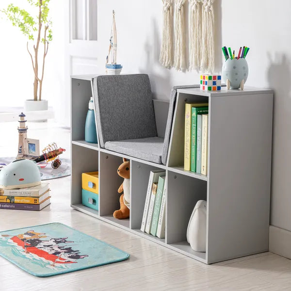 6-Cube Kids Bookcase with Reading Nook, Toddler Storage Cabinet Shelf with Seat Cushion for Playroom Bedroom, 40.5"x12"x23.5", Gray - product image 7