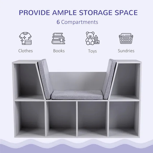 6-Cube Kids Bookcase with Reading Nook, Toddler Storage Cabinet Shelf with Seat Cushion for Playroom Bedroom, 40.5"x12"x23.5", Gray - product image 4