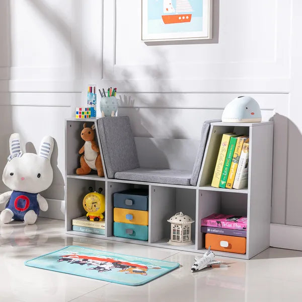6-Cube Kids Bookcase with Reading Nook, Toddler Storage Cabinet Shelf with Seat Cushion for Playroom Bedroom, 40.5"x12"x23.5", Gray - product image 10