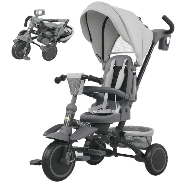 Qaba 6-in-1 Kids Tricycle with Adjustable Push Handle, Removable Canopy, Reversible Seat, for 1-5 Years, Gray - product image 1