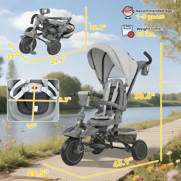 Qaba 6-in-1 Kids Tricycle with Adjustable Push Handle, Removable Canopy, Reversible Seat, for 1-5 Years, Gray - product image 3