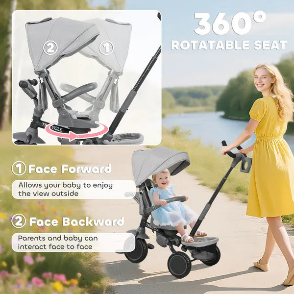 Qaba 6-in-1 Kids Tricycle with Adjustable Push Handle, Removable Canopy, Reversible Seat, for 1-5 Years, Gray - product image 5