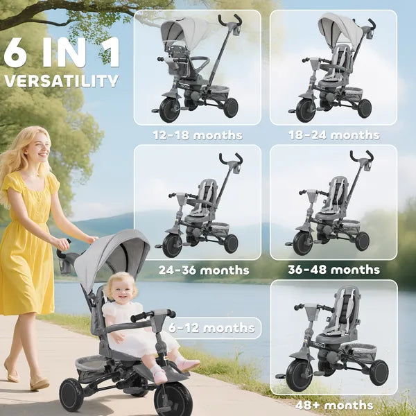 Qaba 6-in-1 Kids Tricycle with Adjustable Push Handle, Removable Canopy, Reversible Seat, for 1-5 Years, Gray - product image 4