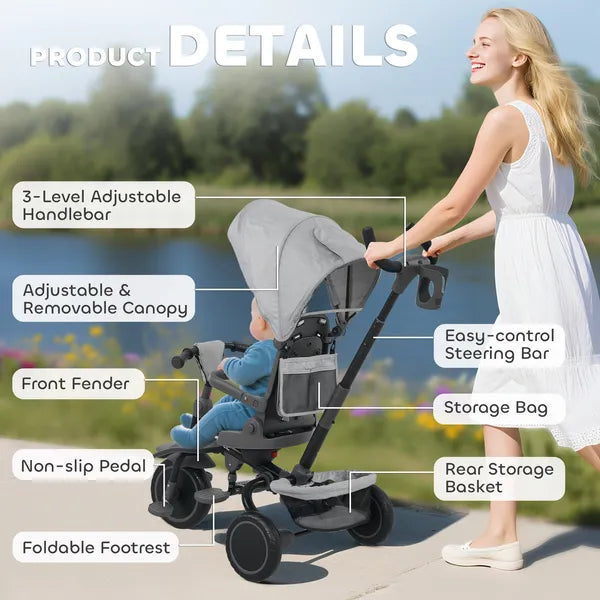 Qaba 6-in-1 Kids Tricycle with Adjustable Push Handle, Removable Canopy, Reversible Seat, for 1-5 Years, Gray - product image 9