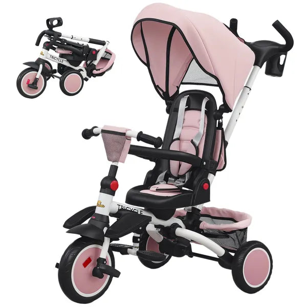 6 in 1 Kids Tricycle with Adjustable Push Handle, Removable Canopy, Reversible Seat, for 1-5 Years, Pink - product image 1