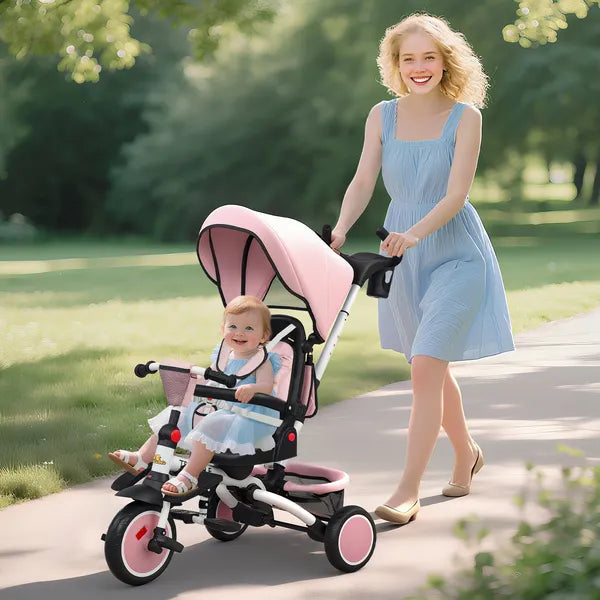 6 in 1 Kids Tricycle with Adjustable Push Handle, Removable Canopy, Reversible Seat, for 1-5 Years, Pink - product image 2