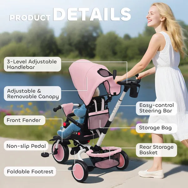 6 in 1 Kids Tricycle with Adjustable Push Handle, Removable Canopy, Reversible Seat, for 1-5 Years, Pink - product image 9