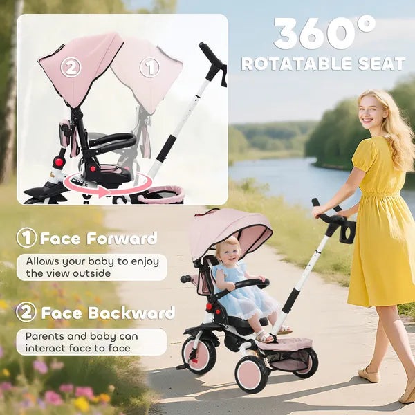 6 in 1 Kids Tricycle with Adjustable Push Handle, Removable Canopy, Reversible Seat, for 1-5 Years, Pink - product image 5