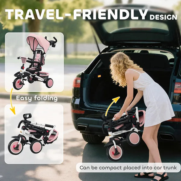6 in 1 Kids Tricycle with Adjustable Push Handle, Removable Canopy, Reversible Seat, for 1-5 Years, Pink - product image 8