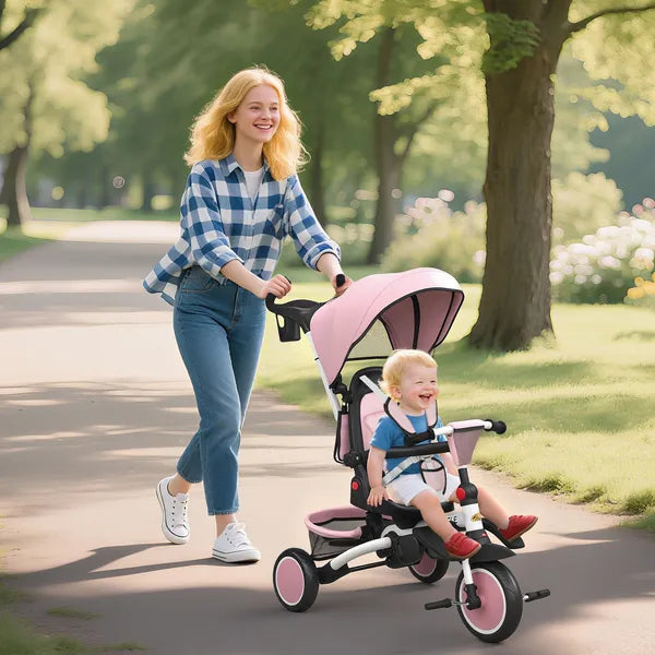 6 in 1 Kids Tricycle with Adjustable Push Handle, Removable Canopy, Reversible Seat, for 1-5 Years, Pink - product image 10