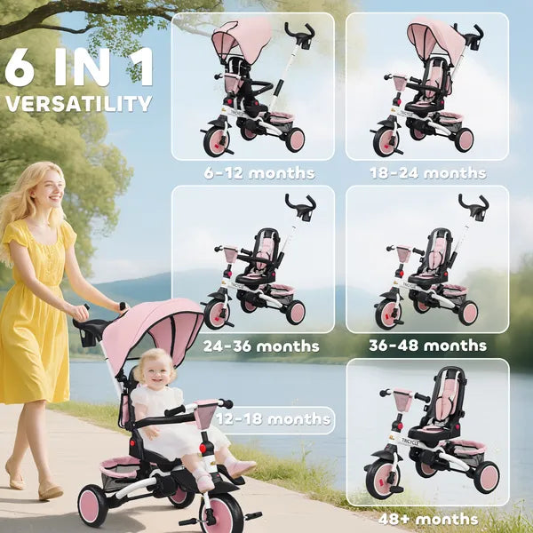 6 in 1 Kids Tricycle with Adjustable Push Handle, Removable Canopy, Reversible Seat, for 1-5 Years, Pink - product image 4