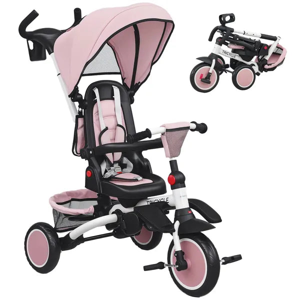 6 in 1 Kids Tricycle with Adjustable Push Handle, Removable Canopy, Reversible Seat, for 1-5 Years, Pink - product image 11