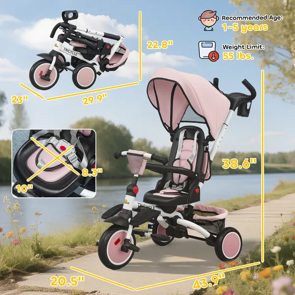 6 in 1 Kids Tricycle with Adjustable Push Handle, Removable Canopy, Reversible Seat, for 1-5 Years, Pink - product image 3