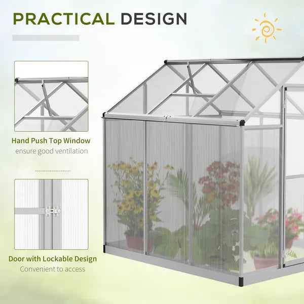 Outsunny 6' L x 6' W Walk-In Polycarbonate Greenhouse with Roof Vent for Ventilation and Rain Gutter, Hobby Greenhouse for Winter, Clear - product image 5