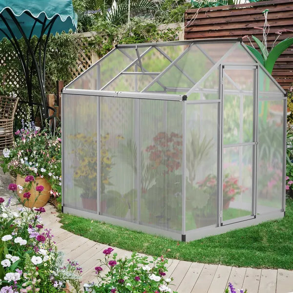 Outsunny 6' L x 6' W Walk-In Polycarbonate Greenhouse with Roof Vent for Ventilation and Rain Gutter, Hobby Greenhouse for Winter, Clear - product image 10