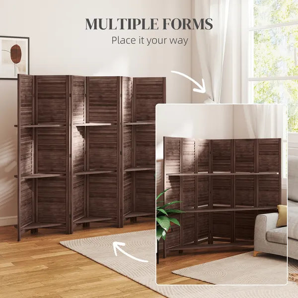 HOMCOM 6 Panel 67" Tall Wood Privacy Screen Room Divider with 3 Shelves and Folding Storage for Bedroom, Walnut - product image 7