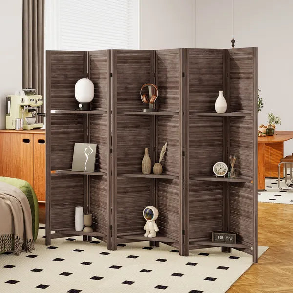 HOMCOM 6 Panel 67" Tall Wood Privacy Screen Room Divider with 3 Shelves and Folding Storage for Bedroom, Walnut - product image 10