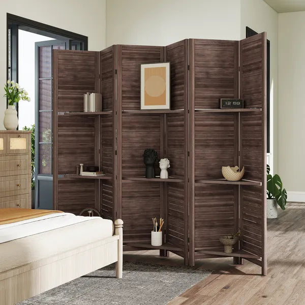 HOMCOM 6 Panel 67" Tall Wood Privacy Screen Room Divider with 3 Shelves and Folding Storage for Bedroom, Walnut - product image 8