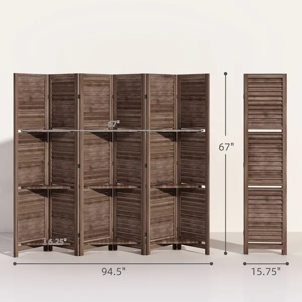 HOMCOM 6 Panel 67" Tall Wood Privacy Screen Room Divider with 3 Shelves and Folding Storage for Bedroom, Walnut - product image 3