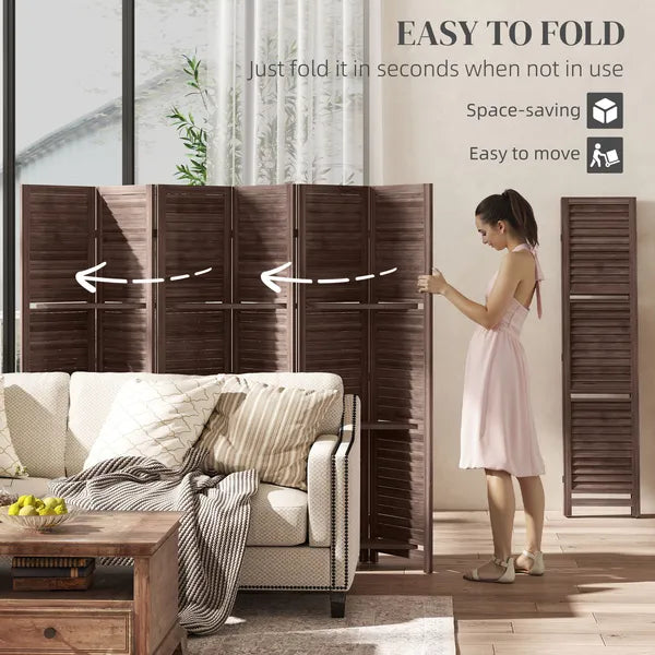 HOMCOM 6 Panel 67" Tall Wood Privacy Screen Room Divider with 3 Shelves and Folding Storage for Bedroom, Walnut - product image 5