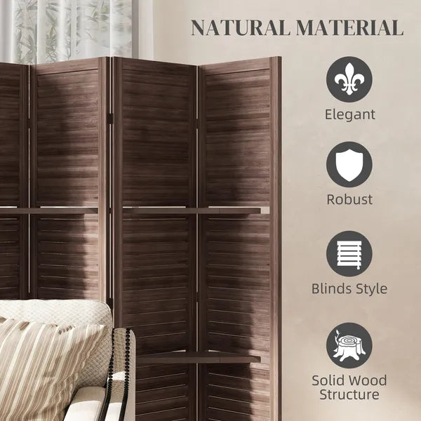 HOMCOM 6 Panel 67" Tall Wood Privacy Screen Room Divider with 3 Shelves and Folding Storage for Bedroom, Walnut - product image 6