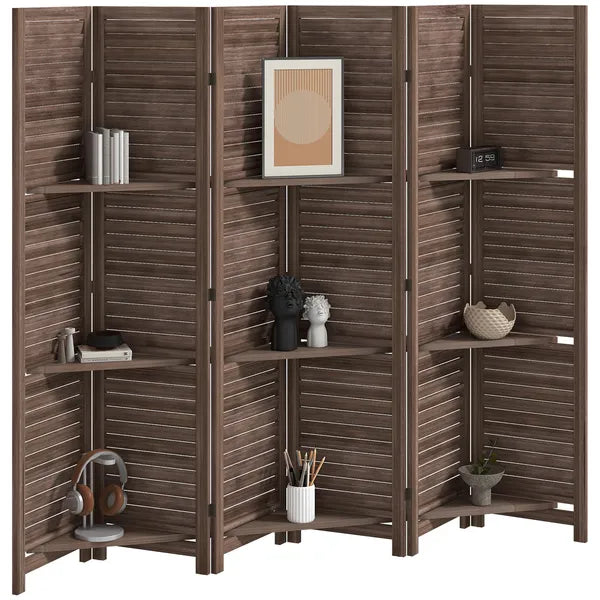 HOMCOM 6 Panel 67" Tall Wood Privacy Screen Room Divider with 3 Shelves and Folding Storage for Bedroom, Walnut - product image 11