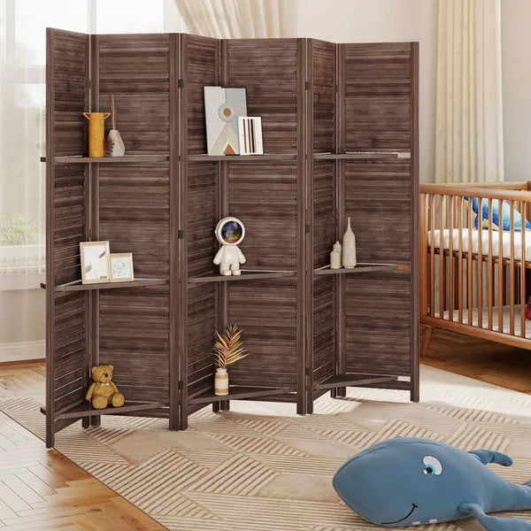 HOMCOM 6 Panel 67" Tall Wood Privacy Screen Room Divider with 3 Shelves and Folding Storage for Bedroom, Walnut - product image 9