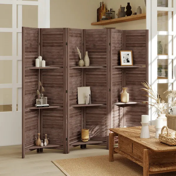 HOMCOM 6 Panel 67" Tall Wood Privacy Screen Room Divider with 3 Shelves and Folding Storage for Bedroom, Walnut - product image 2