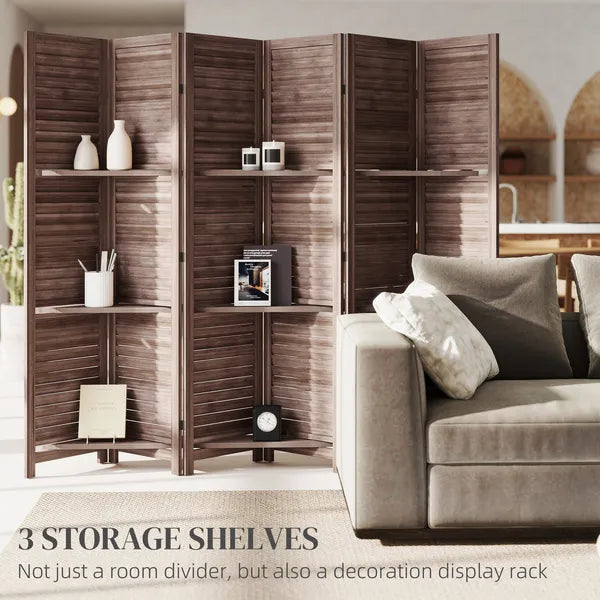 HOMCOM 6 Panel 67" Tall Wood Privacy Screen Room Divider with 3 Shelves and Folding Storage for Bedroom, Walnut - product image 4