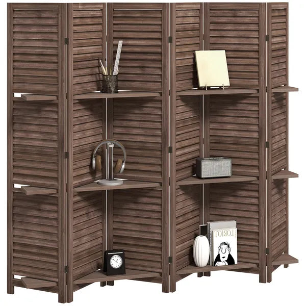 HOMCOM 6 Panel 67" Tall Wood Privacy Screen Room Divider with 3 Shelves and Folding Storage for Bedroom, Walnut - product image 1