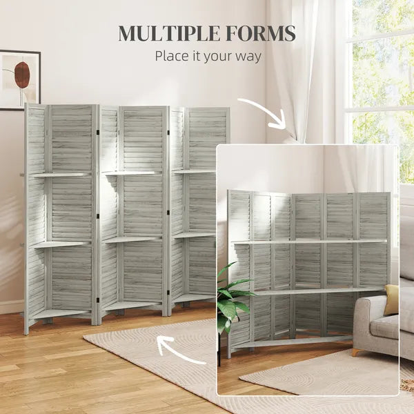 HOMCOM 6 Panel 67 Inch Tall Wood Privacy Screen Room Divider with 3 Shelves and Folding Storage for Bedroom, White - product image 7