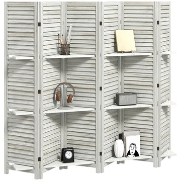 HOMCOM 6 Panel 67 Inch Tall Wood Privacy Screen Room Divider with 3 Shelves and Folding Storage for Bedroom, White - product image 1