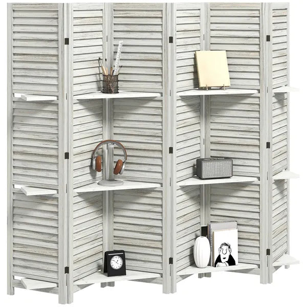 HOMCOM 6 Panel 67 Inch Tall Wood Privacy Screen Room Divider with 3 Shelves and Folding Storage for Bedroom, White - product image 1