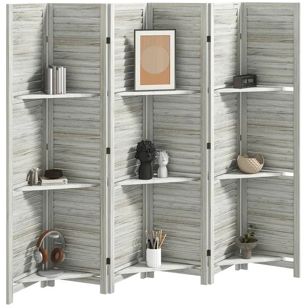 HOMCOM 6 Panel 67 Inch Tall Wood Privacy Screen Room Divider with 3 Shelves and Folding Storage for Bedroom, White - product image 11