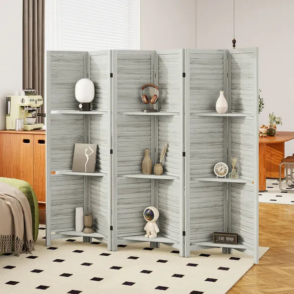 HOMCOM 6 Panel 67 Inch Tall Wood Privacy Screen Room Divider with 3 Shelves and Folding Storage for Bedroom, White - product image 10