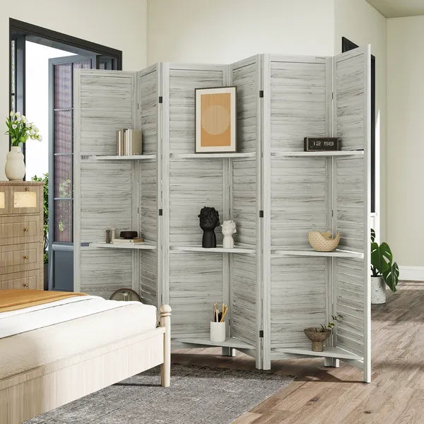 HOMCOM 6 Panel 67 Inch Tall Wood Privacy Screen Room Divider with 3 Shelves and Folding Storage for Bedroom, White - product image 8