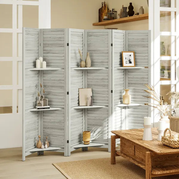 HOMCOM 6 Panel 67 Inch Tall Wood Privacy Screen Room Divider with 3 Shelves and Folding Storage for Bedroom, White - product image 2