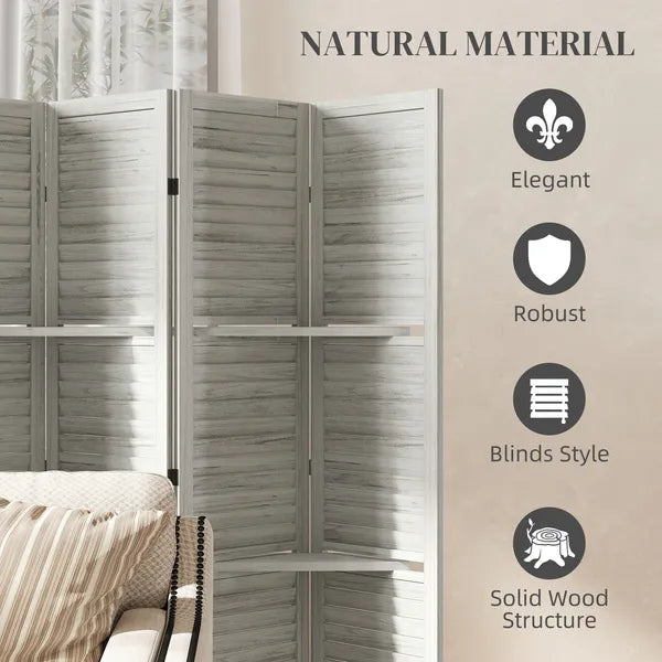 HOMCOM 6 Panel 67 Inch Tall Wood Privacy Screen Room Divider with 3 Shelves and Folding Storage for Bedroom, White - product image 6