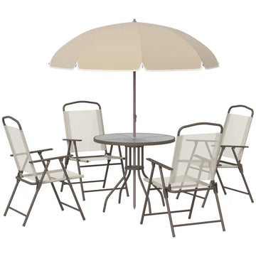 6-Piece Patio Dining Set with Umbrella, Folding Chairs and Glass Table, Beige - Outdoor Meal Setup - product image 1