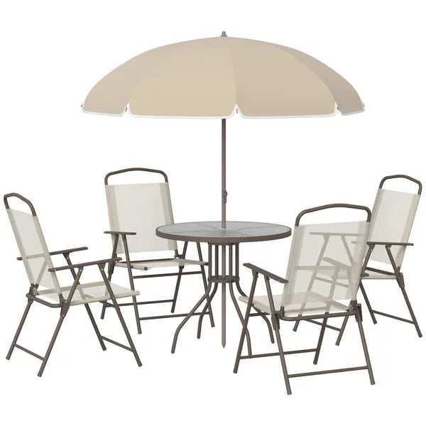 6-Piece Patio Dining Set with Umbrella, Folding Chairs and Glass Table, Beige - Outdoor Meal Setup - product image 1