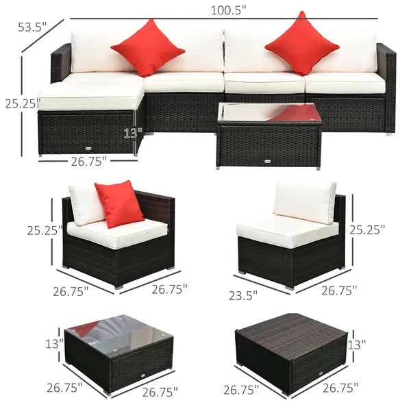 Outsunny 6-Piece White Rattan Couch Set, Outdoor Patio Wicker Furniture with Removable Cushions and Glass Coffee Table - product image 3