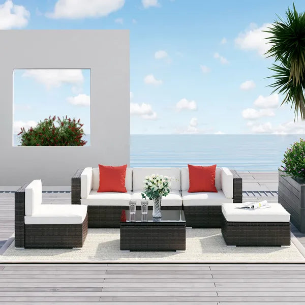 Outsunny 6-Piece White Rattan Couch Set, Outdoor Patio Wicker Furniture with Removable Cushions and Glass Coffee Table - product image 10