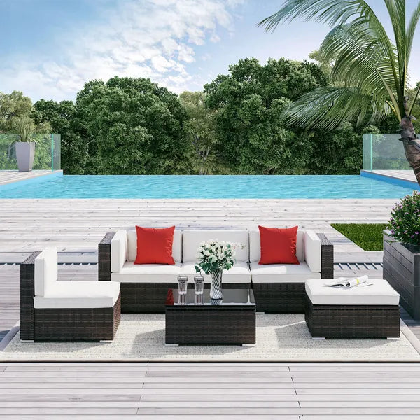 Outsunny 6-Piece White Rattan Couch Set, Outdoor Patio Wicker Furniture with Removable Cushions and Glass Coffee Table - product image 2