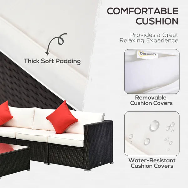 Outsunny 6-Piece White Rattan Couch Set, Outdoor Patio Wicker Furniture with Removable Cushions and Glass Coffee Table - product image 5