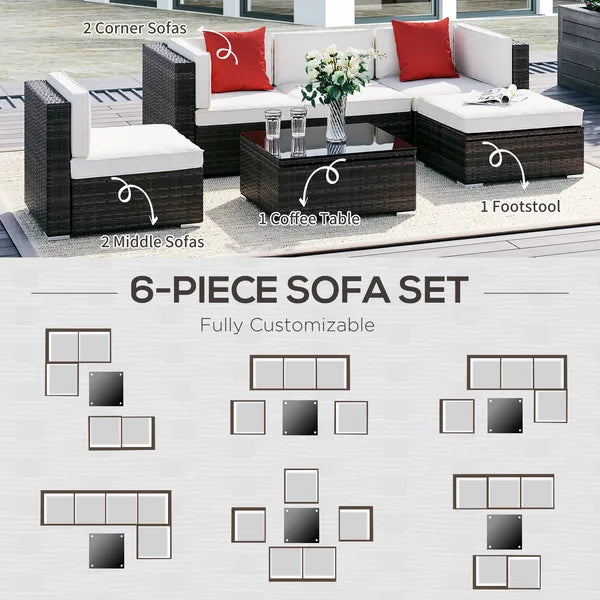 Outsunny 6-Piece White Rattan Couch Set, Outdoor Patio Wicker Furniture with Removable Cushions and Glass Coffee Table - product image 7