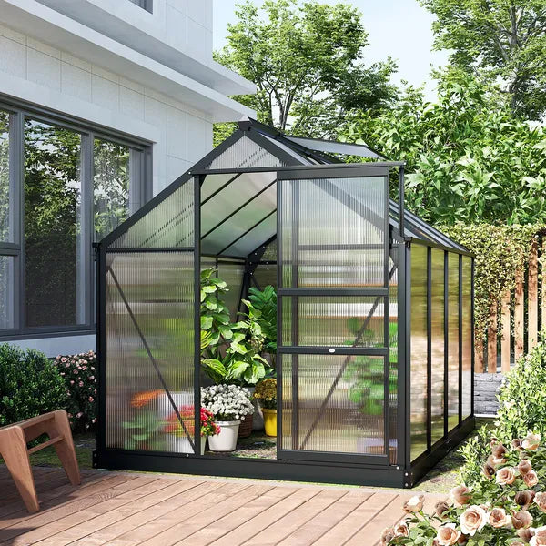Outsunny 6 ft x 8 ft x 7 ft Polycarbonate Greenhouse, Outdoor Aluminum Walk-in Greenhouse Kit with Vent and Door for Backyard Garden, Gray - product image 2