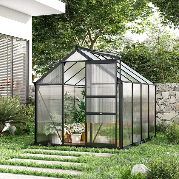 Outsunny 6 ft x 8 ft x 7 ft Polycarbonate Greenhouse, Outdoor Aluminum Walk-in Greenhouse Kit with Vent and Door for Backyard Garden, Gray - product image 10