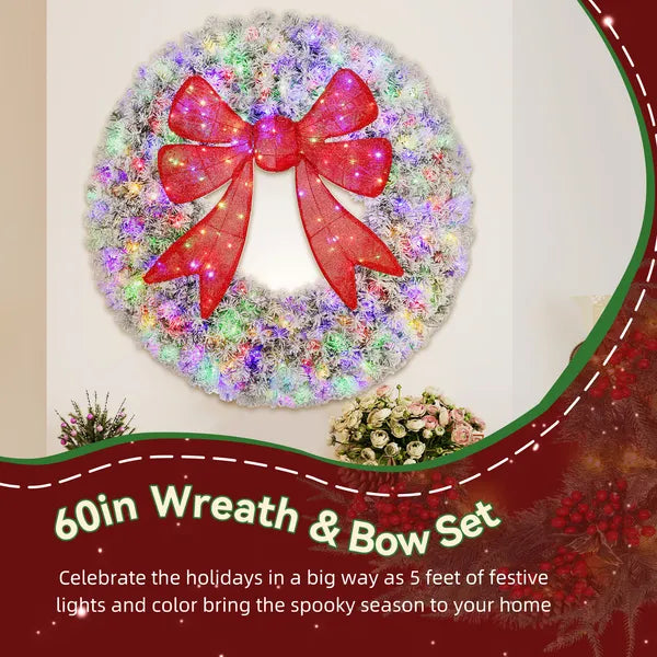 HOMCOM 60in Flocked Pre-Lit Christmas Wreath with 3D Red Bow, 11 Lighting Modes, Front Door Christmas Wreath with Remote - product image 4