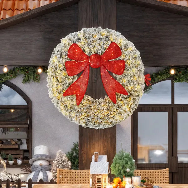 HOMCOM 60in Flocked Pre-Lit Christmas Wreath with 3D Red Bow, 11 Lighting Modes, Front Door Christmas Wreath with Remote - product image 10